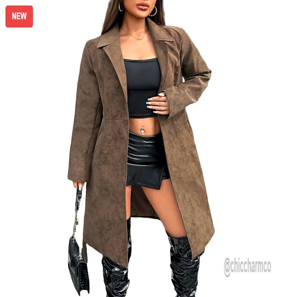 Long Trench Coat Leather Jacket Loose Fit Belted Motorcycle Style Open Front